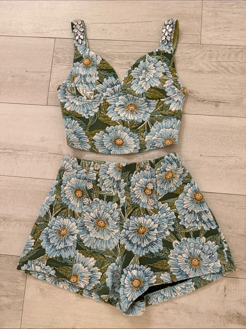 Zara Blue & Green Floral Embroidered Crop Top with Matching Shorts.